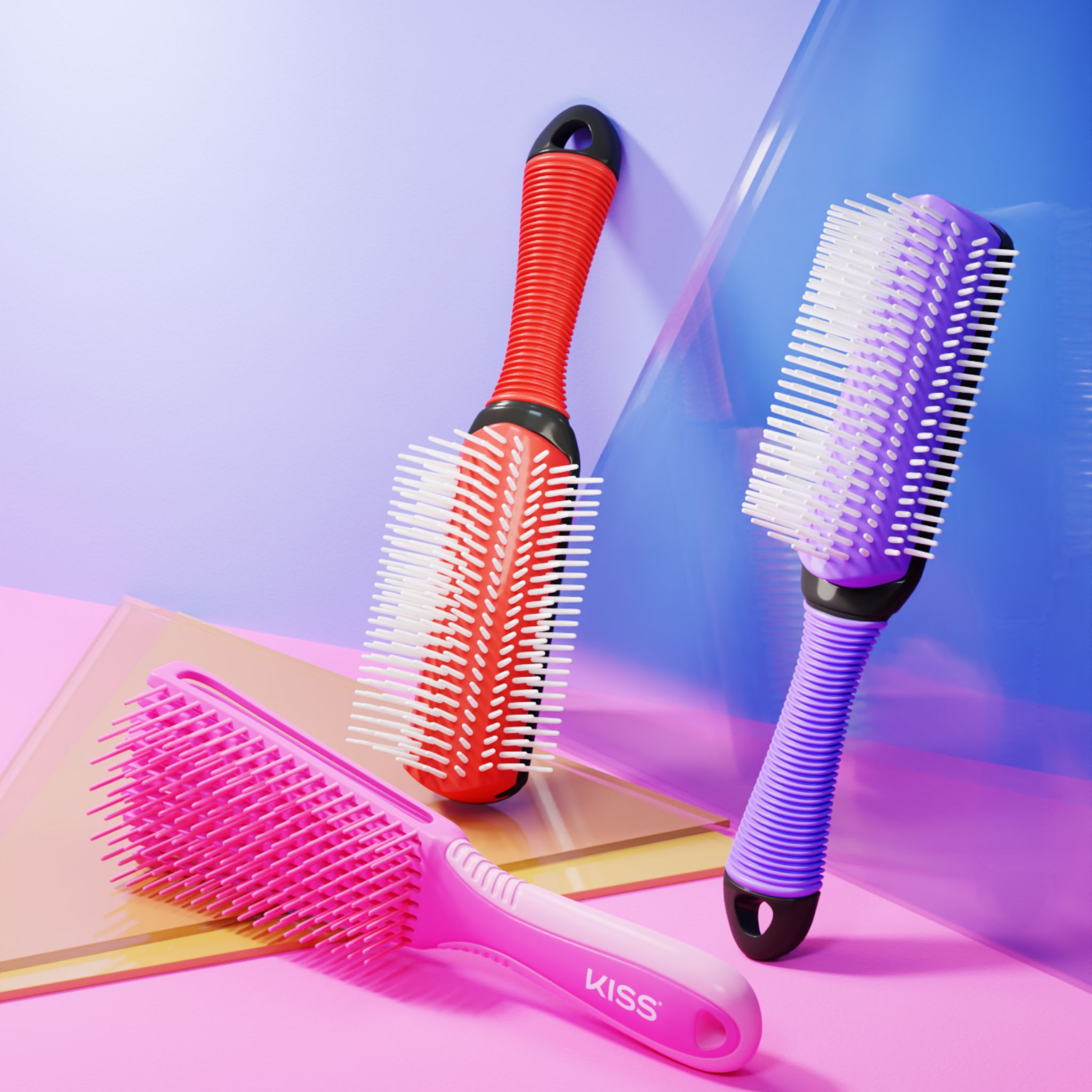 Colors and Care for Glide Define Pink Detangling Brush, Purple Detangling Brush, and Red Detangling Brush on display