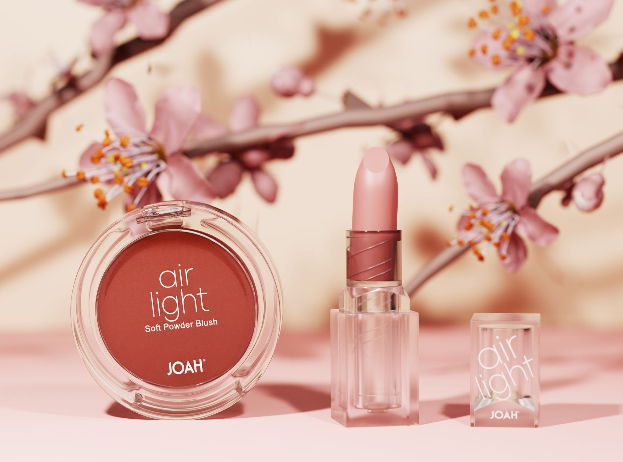 KISS JOAH Air light powder case Airline lipstick Cherry Blossom on display