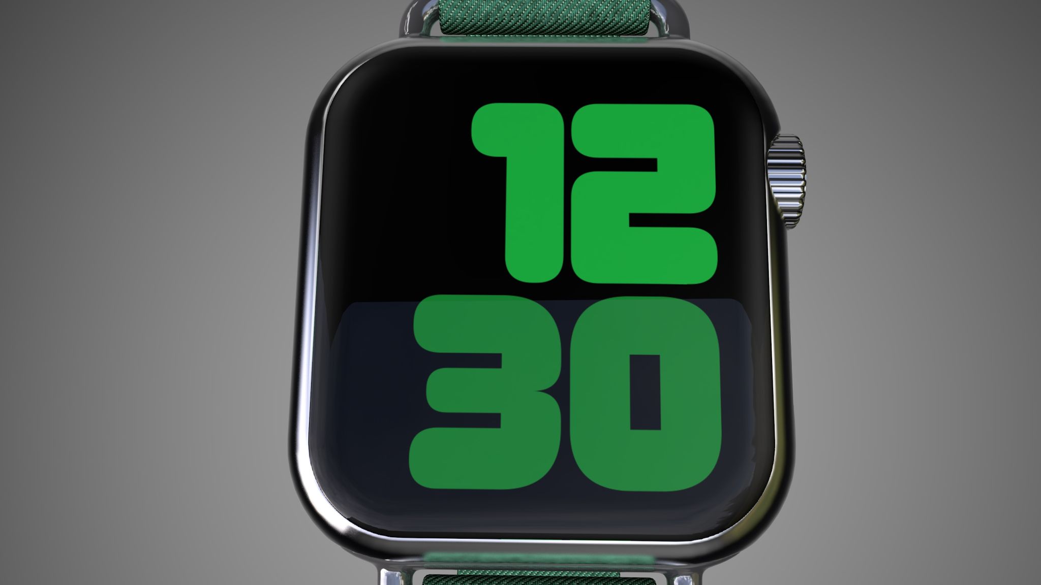 Closeup of Apple Watch with green band on display 3D Promo Scene