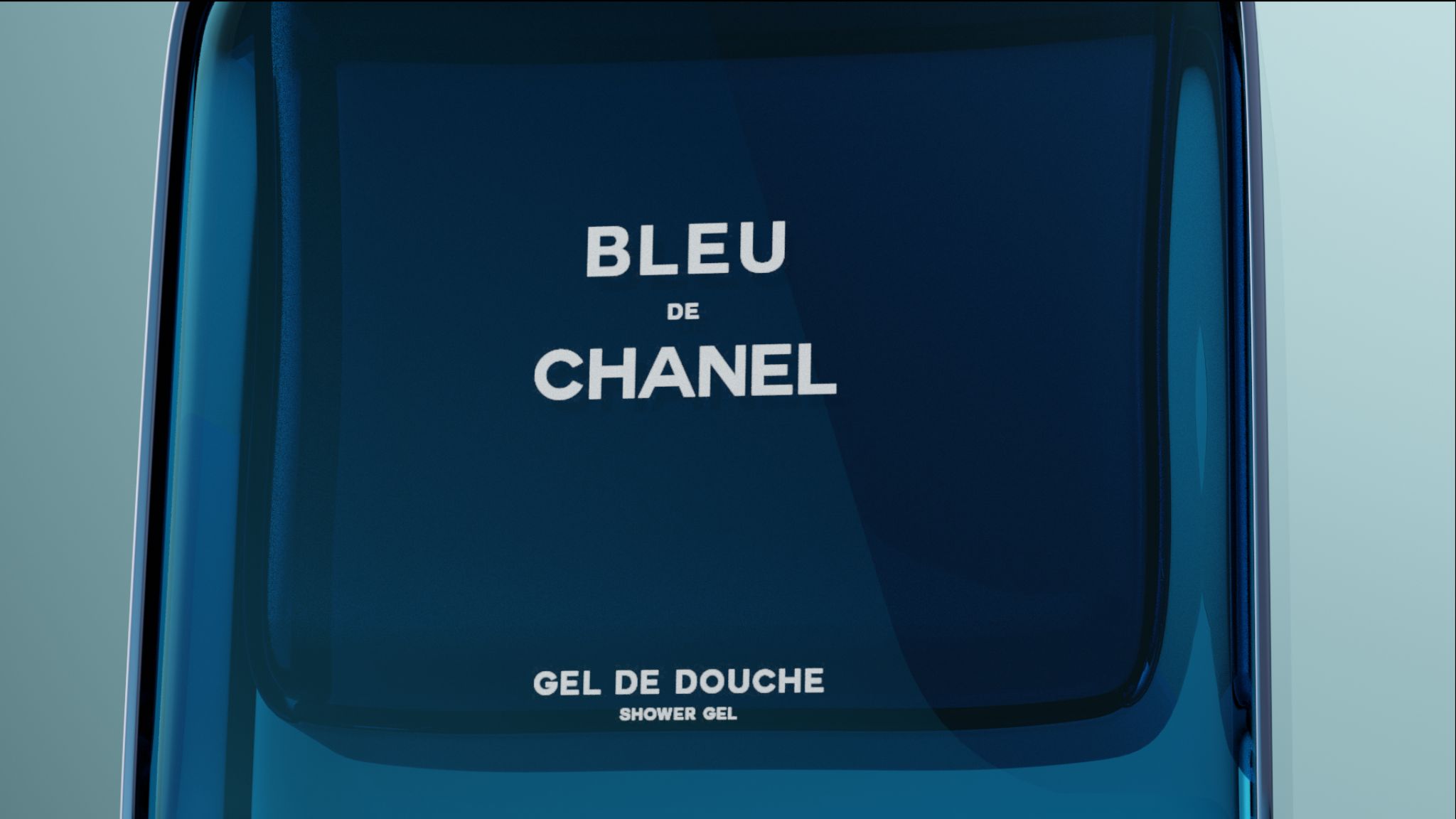 Closeup of Bleu de Chanel Shower Gel on display 3D product promo still