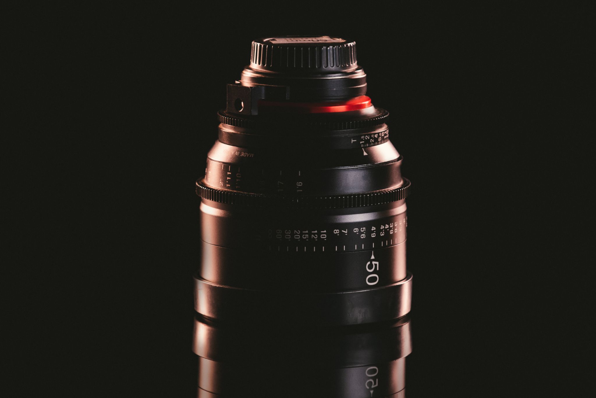 Closeup of a camera lens on display