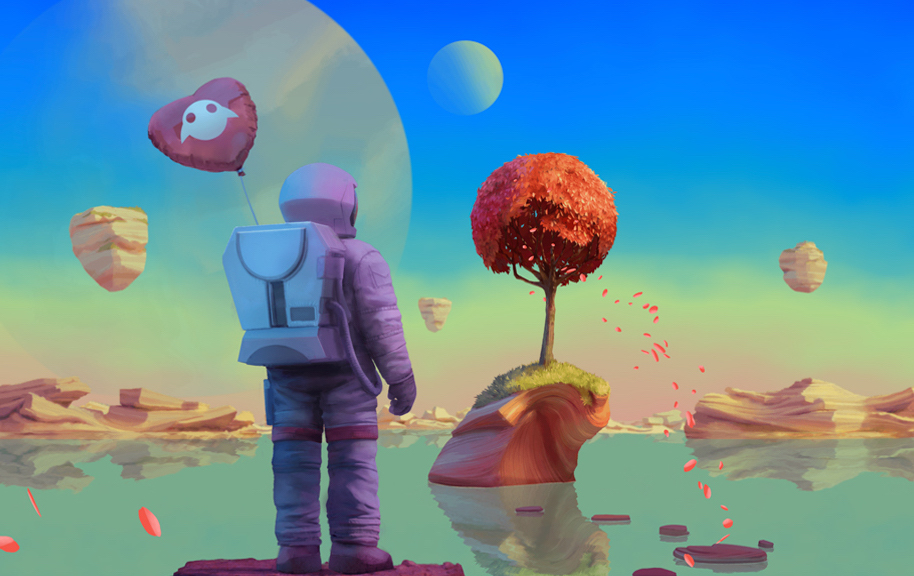 Graphic of astronaut holding a Meta balloon on a landscape