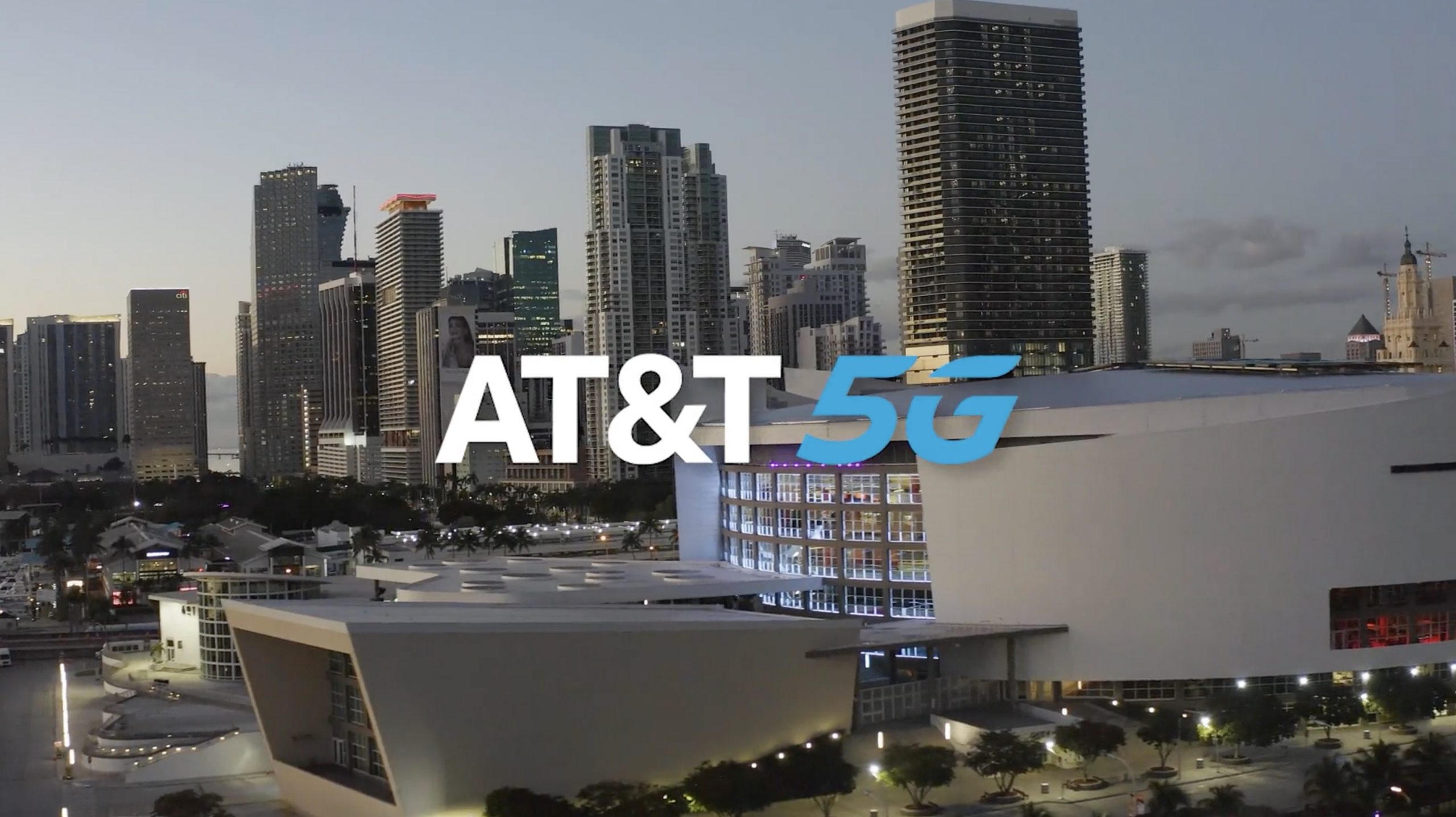IU CI Studios Drone view of Kaseya Center on Brickell Avenue with AT&T 5G logo overlaid