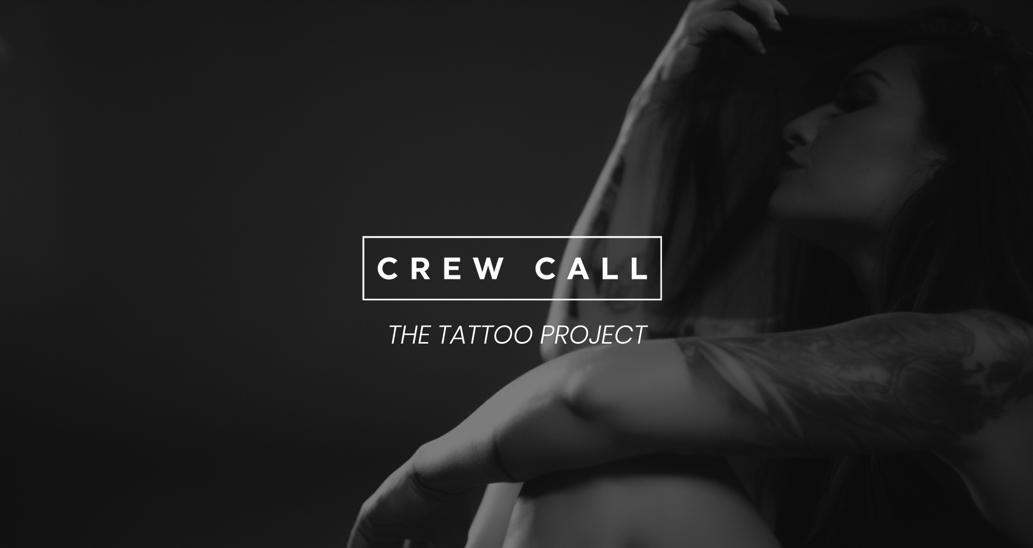 IU C&I Studios Page White Crew Call The Tattoo Project logo on black and white background of side profile of a tattooed model Jaquelyn Puma