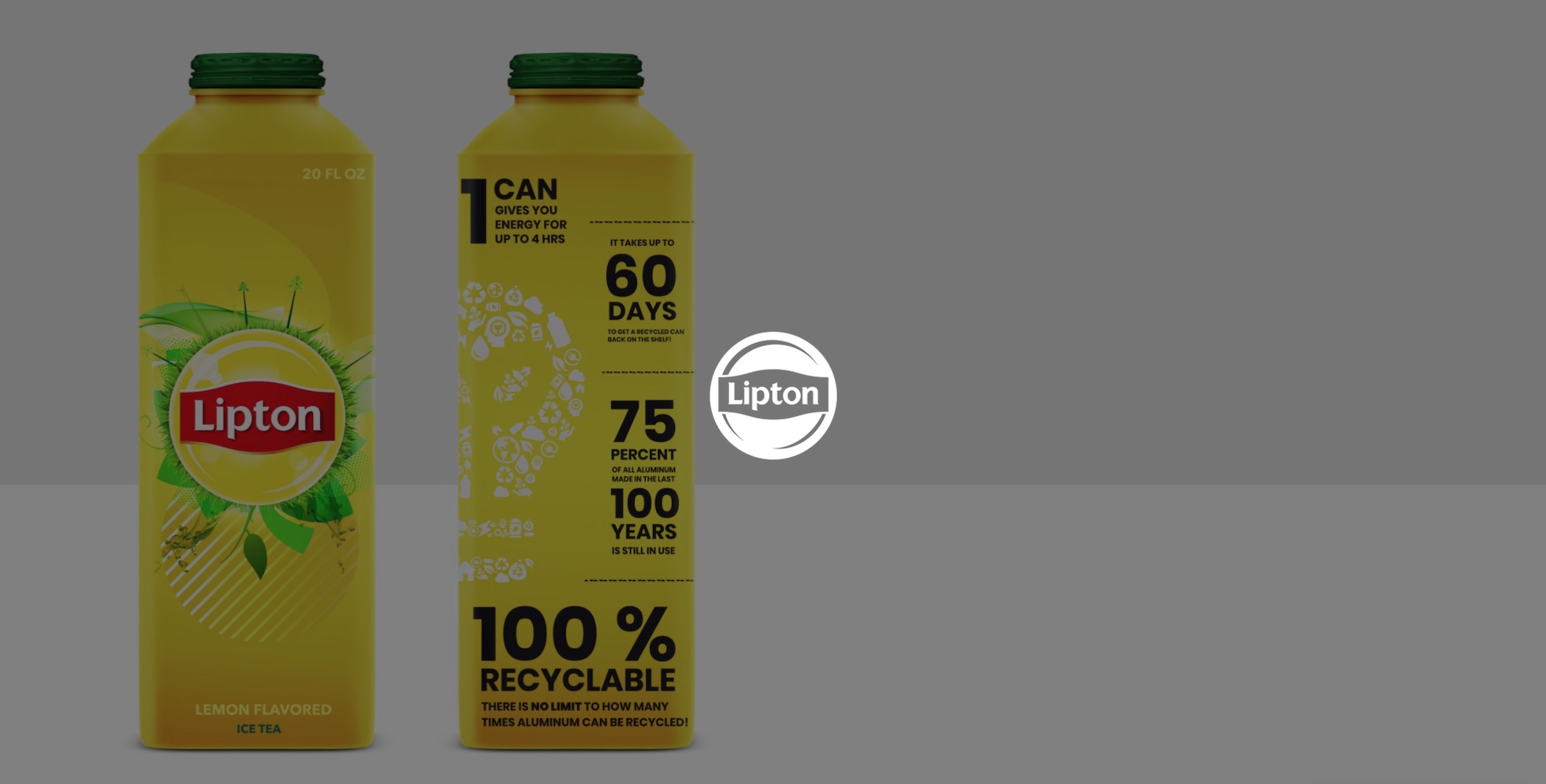 White Lipton logo with dimmed background with display of front and back of Lipton container