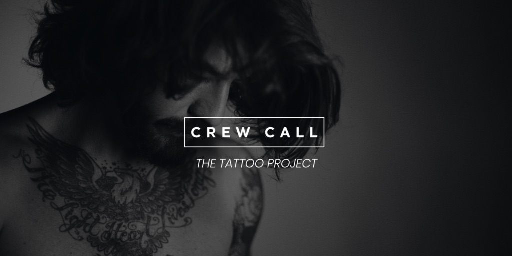 IU C&I Studios Page White Crew Call The Tattoo Project logo on black and white background of side profile of a tattooed man looking down