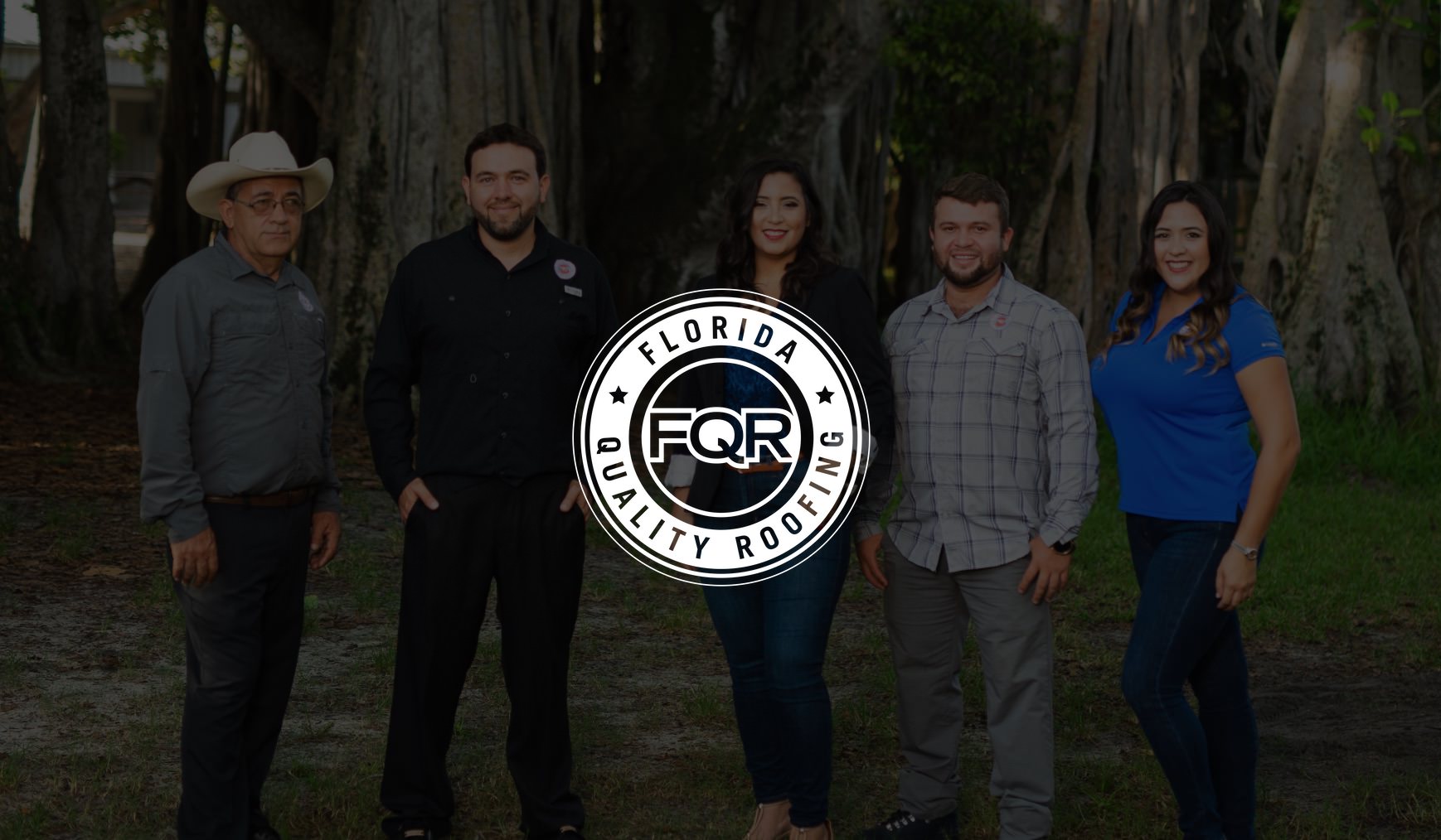 IU C&I Studios Page White Florida Quality Roofing logo on dimmed background of group of FQR employees made up of two women and three men posing for a picture