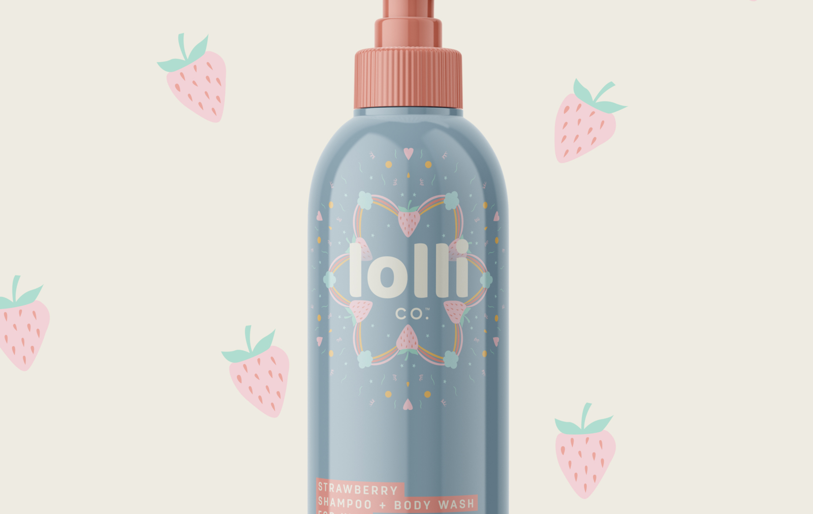 Logo Design Lolli Co strawberry shampoo and body wash on display with strawberry graphics