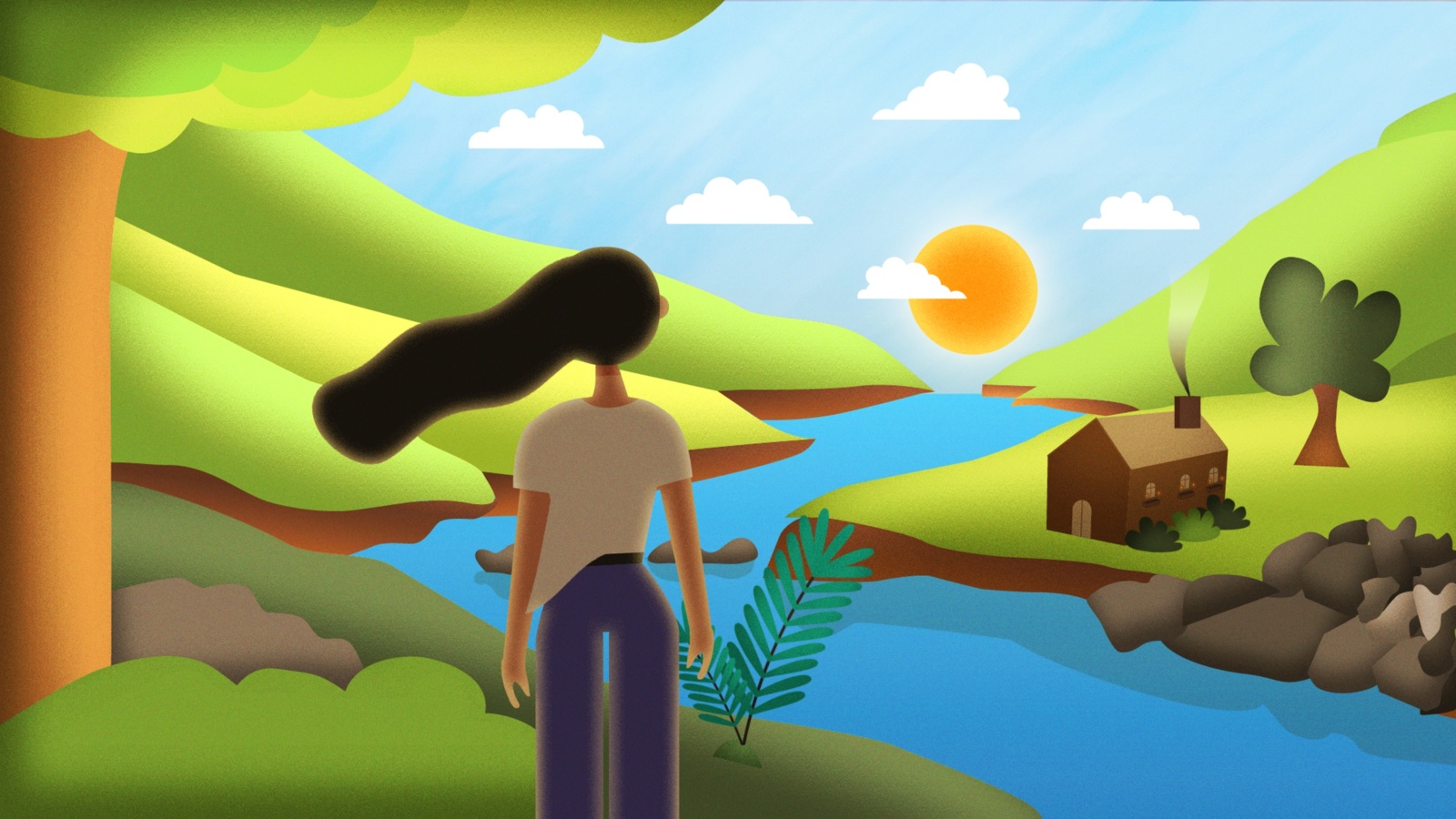 View from behind of woman looking at a river with house on other side graphic with trees and sun