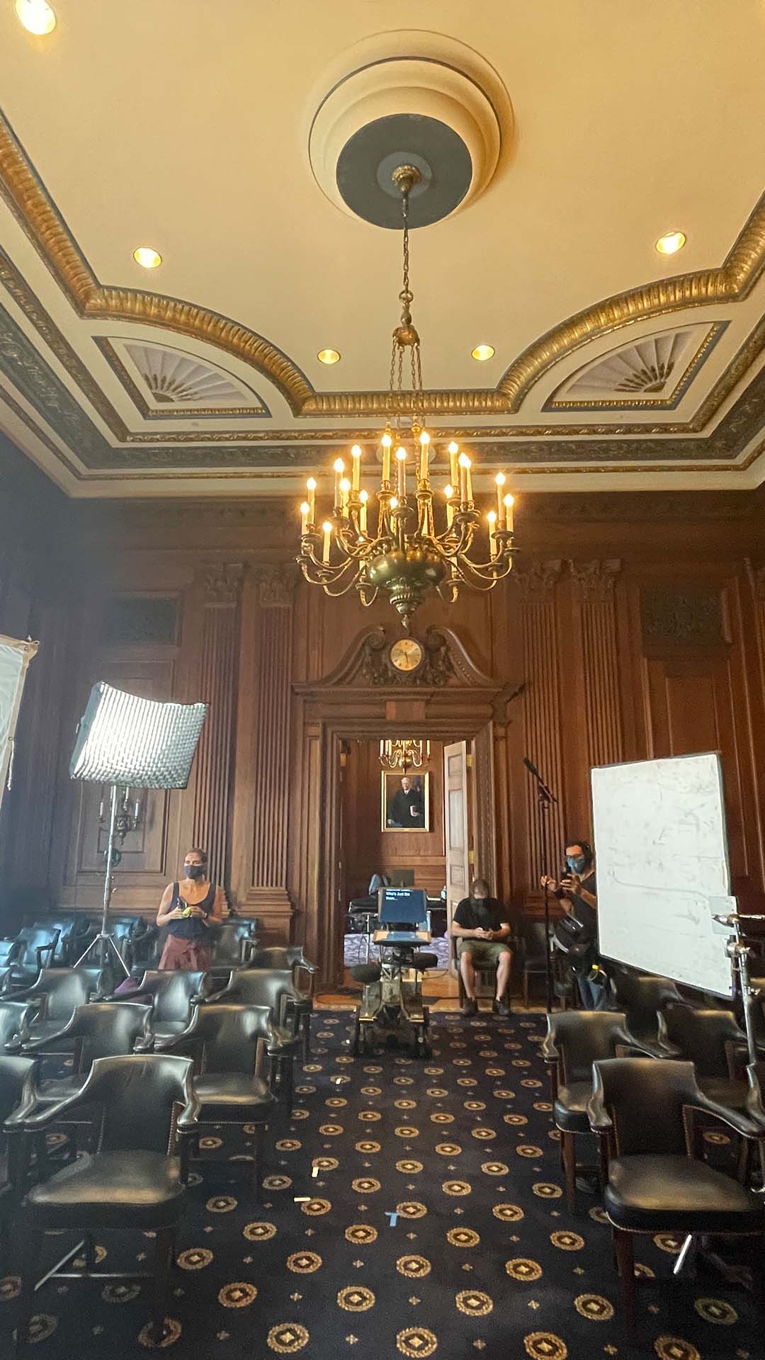 IU Production crew shooting footage in a courtroom