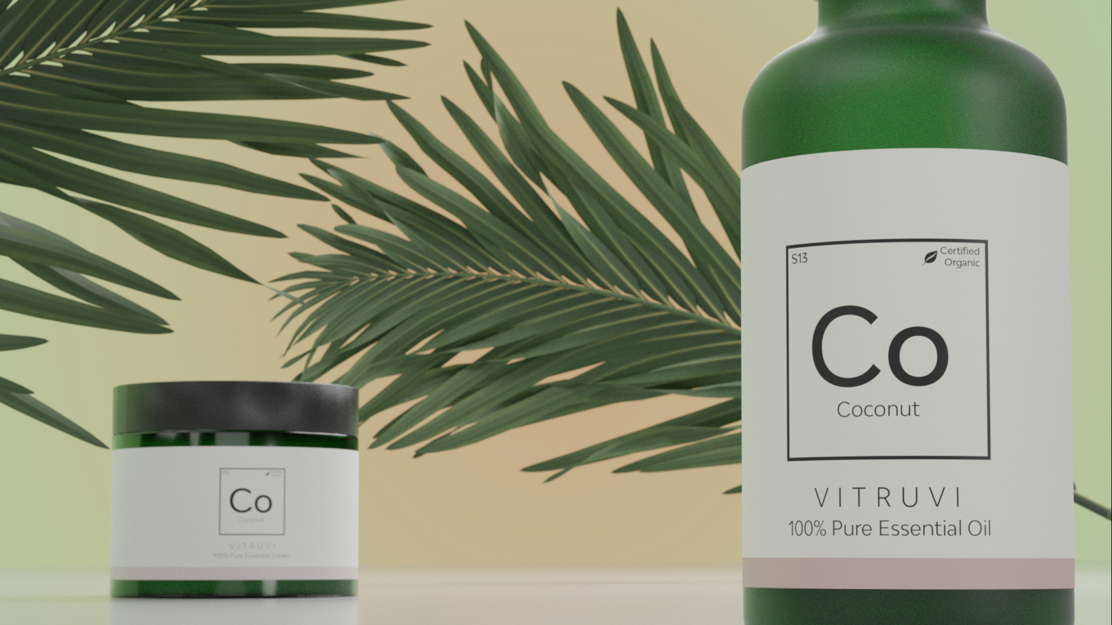 Container of Vitruvi 100% Pure Essential Oil in the forefront as well as a container in the background on display