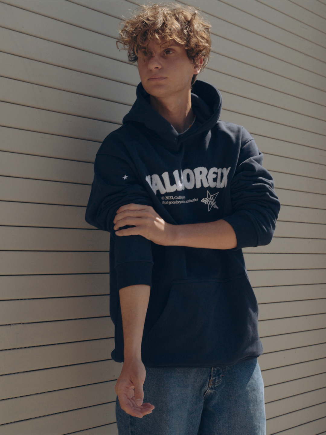 Male apparel model posing outside wearing a navy blue hoodie